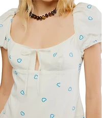 Free People Bali Sprinkled Embroidered Heart Scoop Neck Short Puff Sleeve Drop-Waist Bubble Hem Maxi Dress