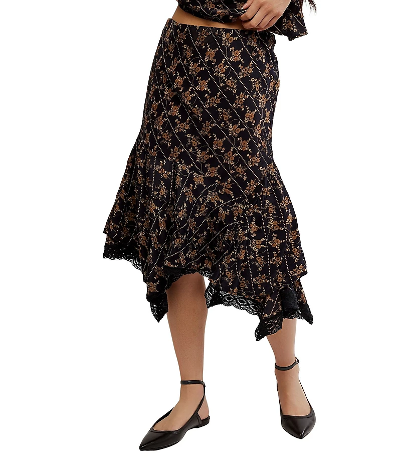 Free People Bali Sweet Escape Coordinating Floral Print Crochet Lace Hem Skirt