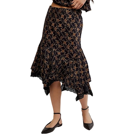Free People Bali Sweet Escape Coordinating Floral Print Crochet Lace Hem Skirt