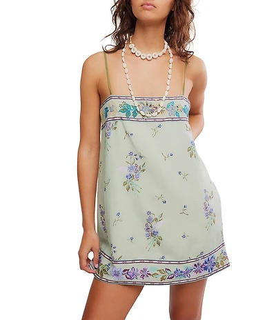 Free People Bali Take Me With You Embroidered Square Neck Sleeveless Mini Shift Dress