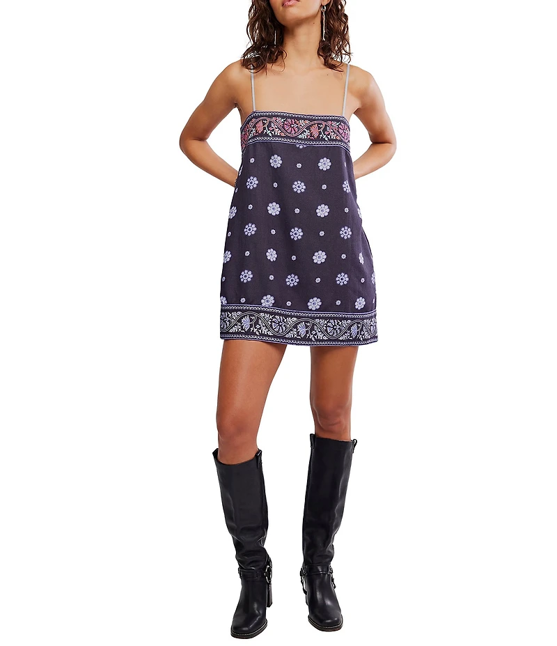Free People Bali Take Me With You Embroidered Square Neck Sleeveless Mini Shift Dress