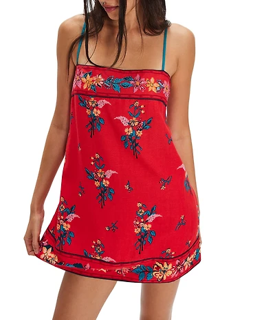 Free People Bali Take Me With You Embroidered Square Neck Sleeveless Mini Shift Dress