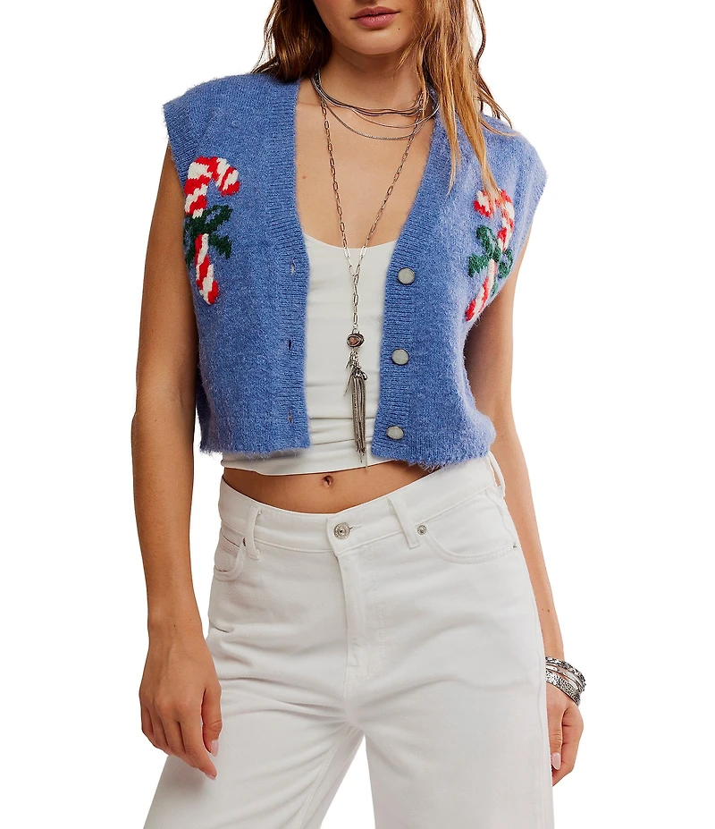 Free People Be Merry V-Neck Sleeveless Knit Sweater Vest