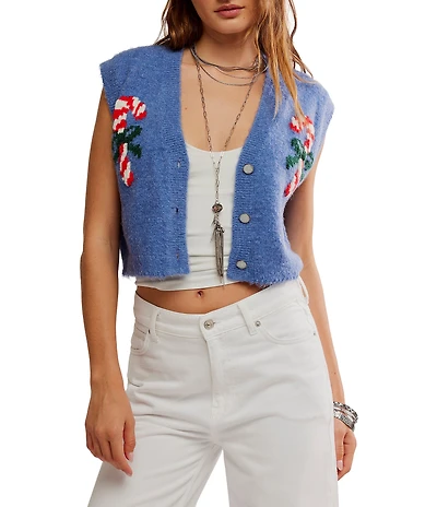 Free People Be Merry V-Neck Sleeveless Knit Sweater Vest