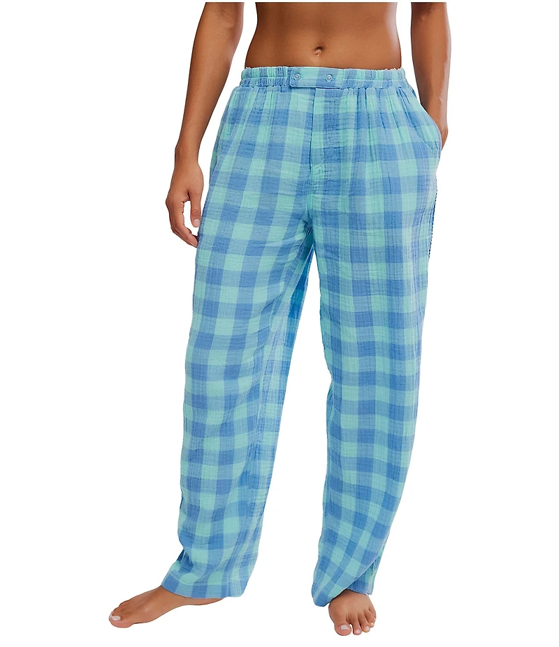 Free People Be Mine Woven Textured Gingham Print Wide Leg Sleep Pants