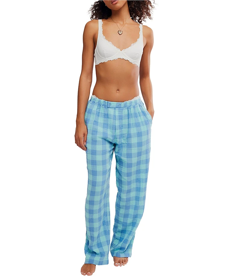 Free People Be Mine Woven Textured Gingham Print Wide Leg Sleep Pants