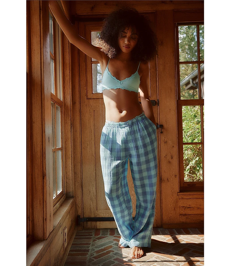 Free People Be Mine Woven Textured Gingham Print Wide Leg Sleep Pants