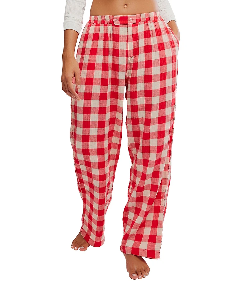 Free People Be Mine Woven Textured Gingham Print Wide Leg Sleep Pants