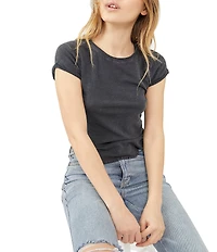 Free People Be My Baby Cotton Crew Neck Short Sleeve Distressed Asymmetrical Hem Shirt