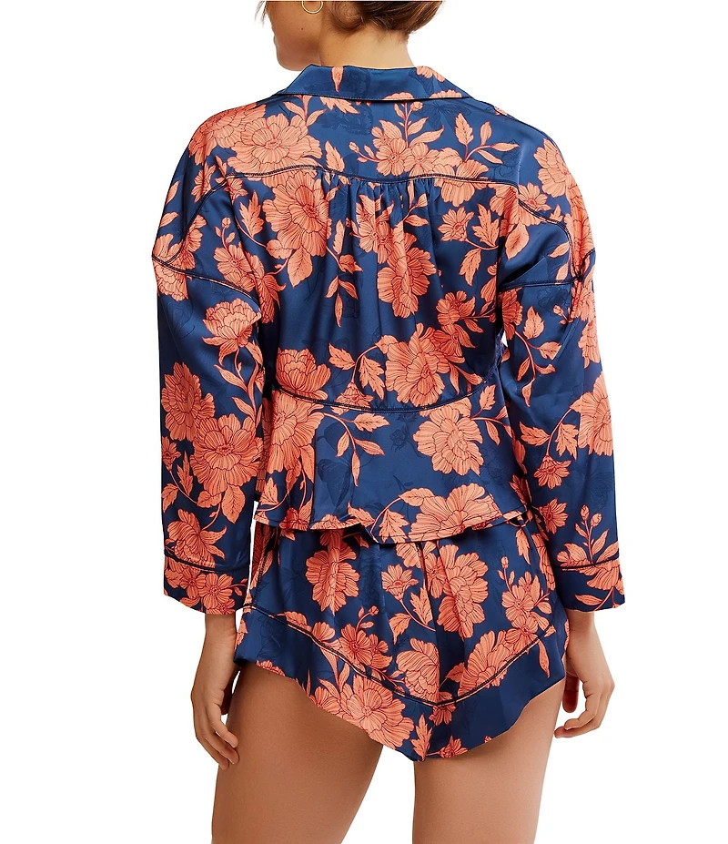 Free People Beauty Sleep Satin Floral Print Long Sleeve Notch Collar Shorty Pajama Set