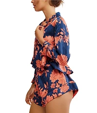 Free People Beauty Sleep Satin Floral Print Long Sleeve Notch Collar Shorty Pajama Set