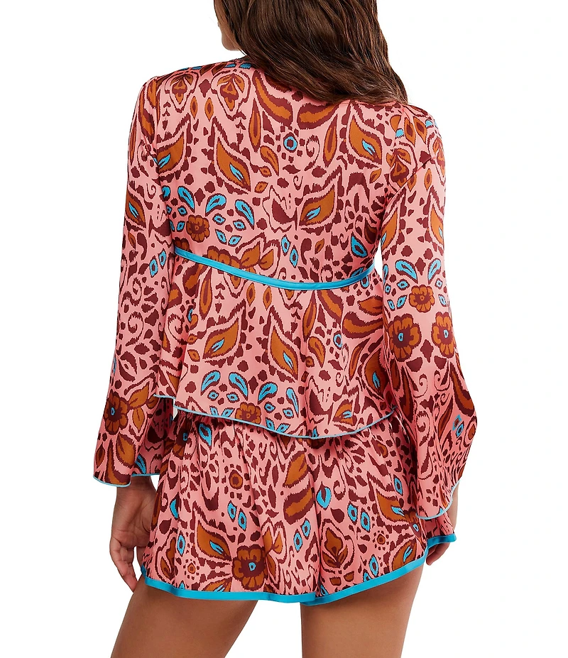 Free People Bed to Brunch Long Sleeve V-Neck Satin Floral Print Shorty Pajama Set