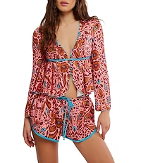 Free People Bed to Brunch Long Sleeve V-Neck Satin Floral Print Shorty Pajama Set