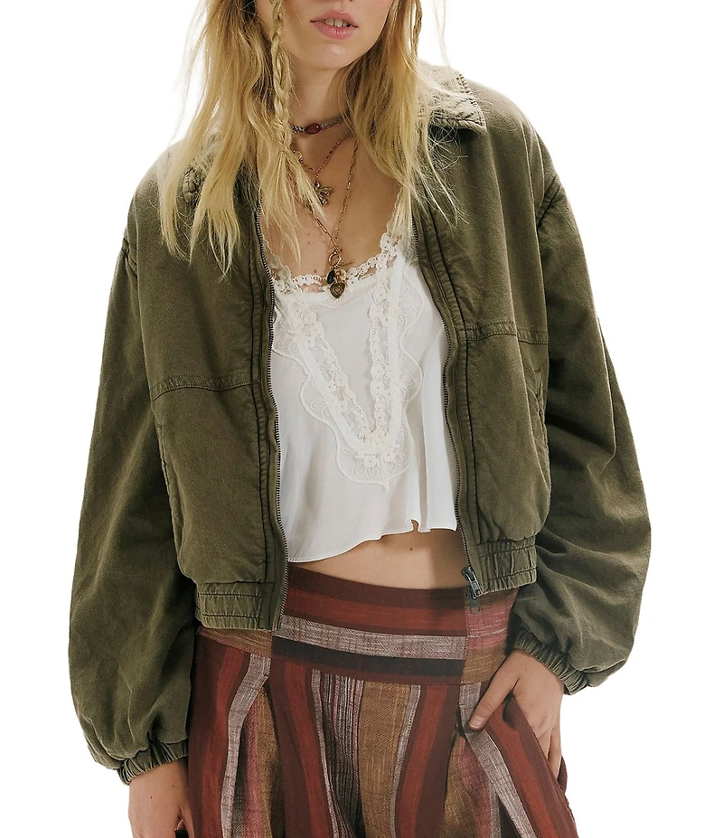 Free People Birdie Washed Collared Long Sleeve Zip-Front Bomber Jacket