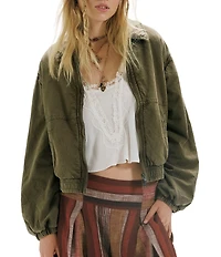 Free People Birdie Washed Collared Long Sleeve Zip-Front Bomber Jacket