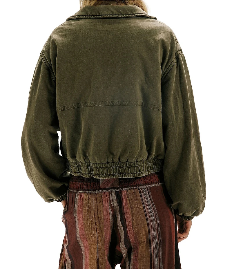 Free People Birdie Washed Collared Long Sleeve Zip-Front Bomber Jacket
