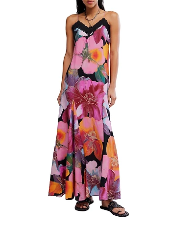 Free People Bloomspell Floral Printed Lace Trim V-Neck Sleeveless Maxi Slip Dress