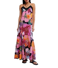 Free People Bloomspell Floral Printed Lace Trim V-Neck Sleeveless Maxi Slip Dress