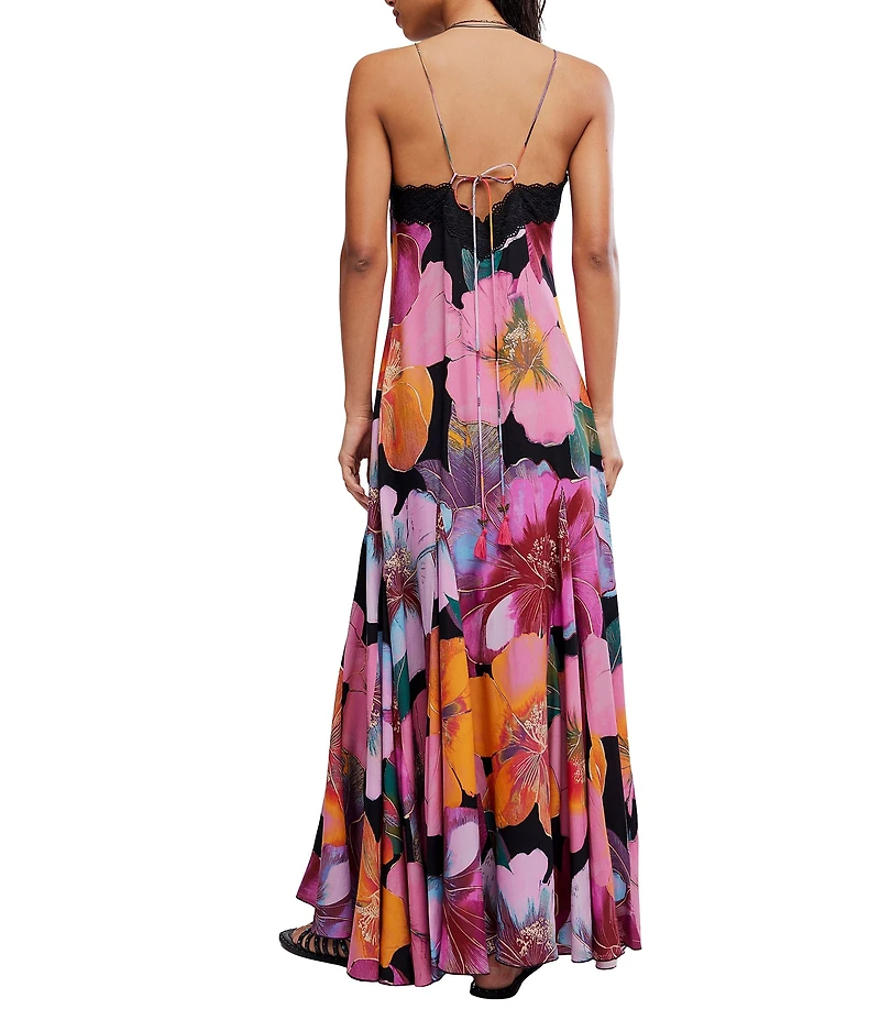 Free People Bloomspell Floral Printed Lace Trim V-Neck Sleeveless Maxi Slip Dress