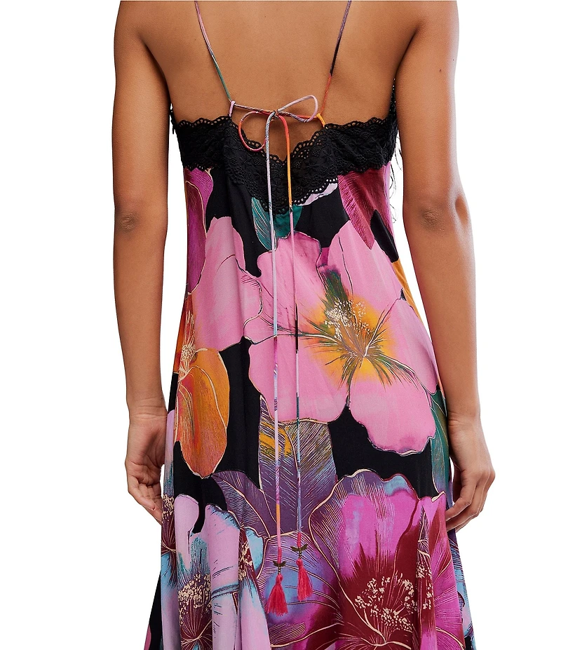 Free People Bloomspell Floral Printed Lace Trim V-Neck Sleeveless Maxi Slip Dress