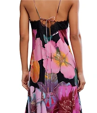 Free People Bloomspell Floral Printed Lace Trim V-Neck Sleeveless Maxi Slip Dress
