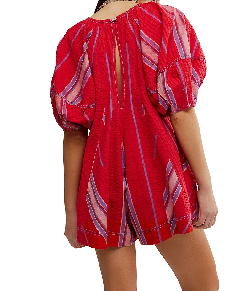 Free People Bop Around Printed Scoop Neckline Short Puff Sleeve Romper