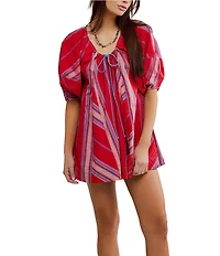 Free People Bop Around Printed Scoop Neckline Short Puff Sleeve Romper