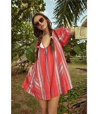 Free People Bop Around Printed Scoop Neckline Short Puff Sleeve Romper