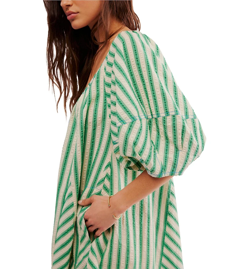 Free People Bop Around Stripe Print Scoop Neckline 3/4 Sleeve Romper