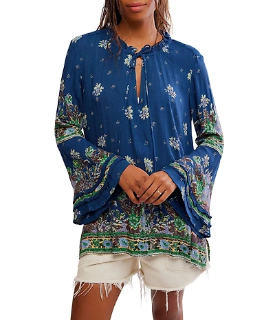 Free People Bridgette Floral Printed Drawstring V-Neck Long Sleeve Tunic Top