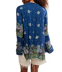 Free People Bridgette Floral Printed Drawstring V-Neck Long Sleeve Tunic Top