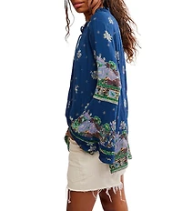 Free People Bridgette Floral Printed Drawstring V-Neck Long Sleeve Tunic Top