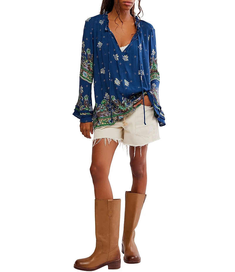 Free People Bridgette Floral Printed Drawstring V-Neck Long Sleeve Tunic Top