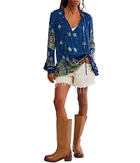 Free People Bridgette Floral Printed Drawstring V-Neck Long Sleeve Tunic Top
