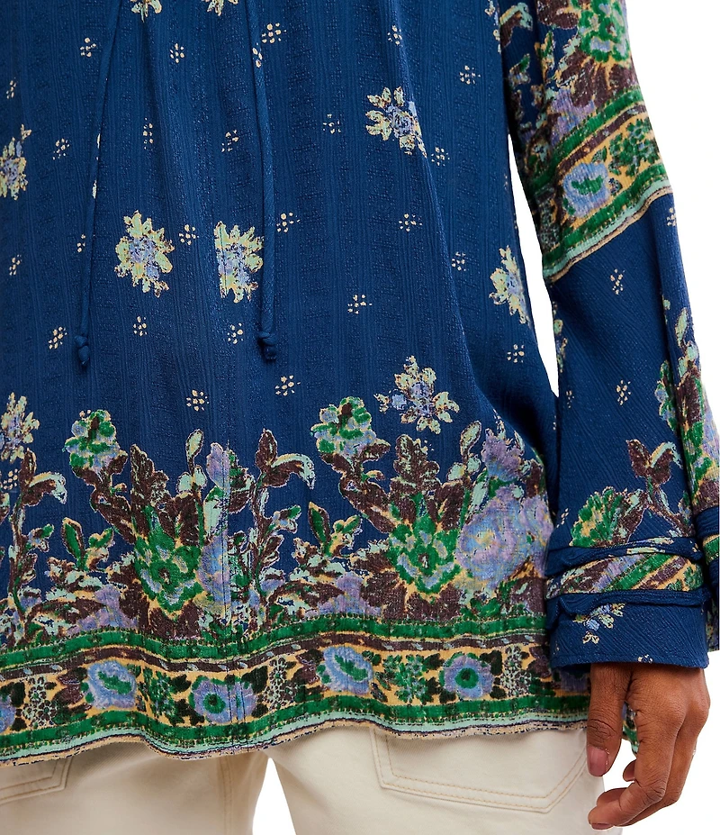 Free People Bridgette Floral Printed Drawstring V-Neck Long Sleeve Tunic Top