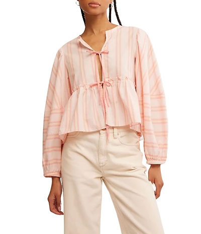 Free People Brunch Babe Stripe Print V-Neck Tie Front Long Sleeve Blouse