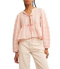 Free People Brunch Babe Stripe Print V-Neck Tie Front Long Sleeve Blouse