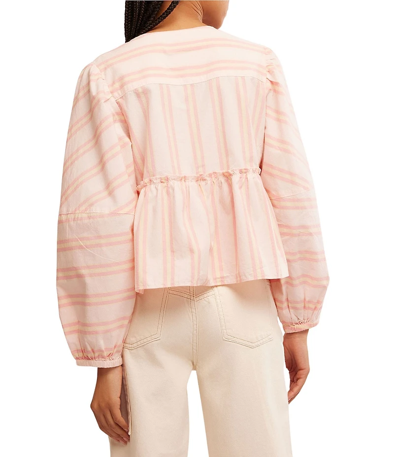 Free People Brunch Babe Stripe Print V-Neck Tie Front Long Sleeve Blouse