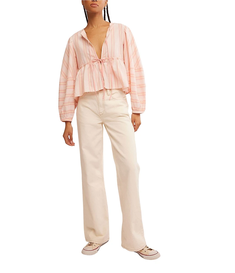 Free People Brunch Babe Stripe Print V-Neck Tie Front Long Sleeve Blouse