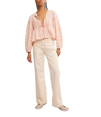Free People Brunch Babe Stripe Print V-Neck Tie Front Long Sleeve Blouse