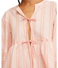 Free People Brunch Babe Stripe Print V-Neck Tie Front Long Sleeve Blouse