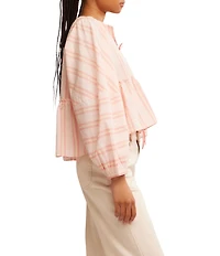 Free People Brunch Babe Stripe Print V-Neck Tie Front Long Sleeve Blouse
