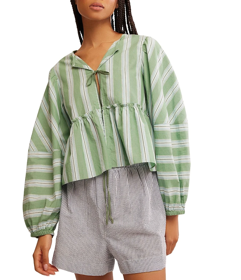 Free People Brunch Babe Stripe Print V-Neck Tie Front Long Sleeve Blouse