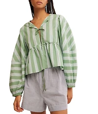 Free People Brunch Babe Stripe Print V-Neck Tie Front Long Sleeve Blouse