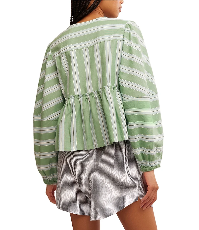 Free People Brunch Babe Stripe Print V-Neck Tie Front Long Sleeve Blouse