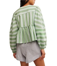 Free People Brunch Babe Stripe Print V-Neck Tie Front Long Sleeve Blouse