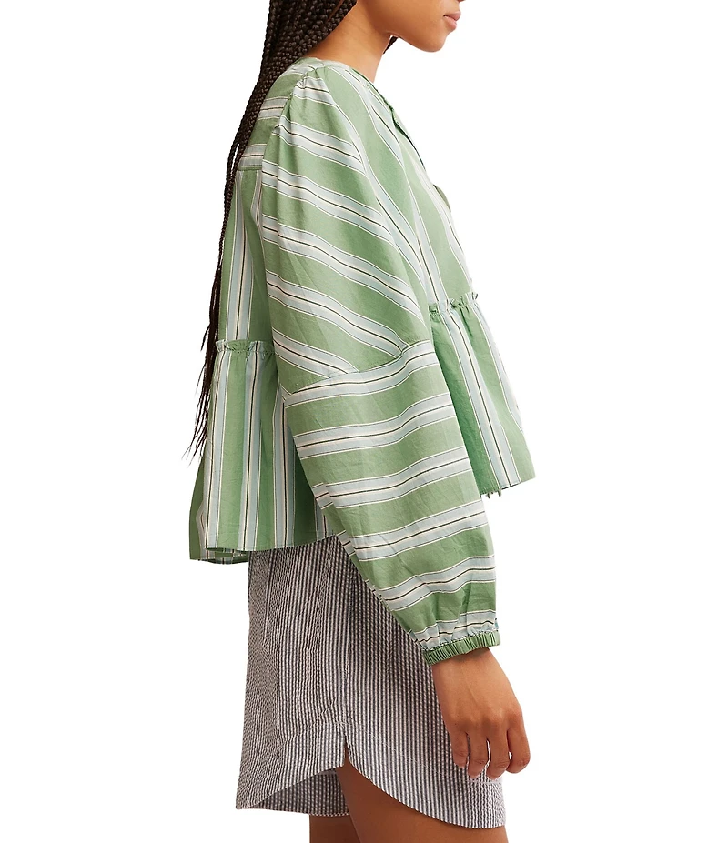Free People Brunch Babe Stripe Print V-Neck Tie Front Long Sleeve Blouse