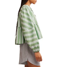 Free People Brunch Babe Stripe Print V-Neck Tie Front Long Sleeve Blouse