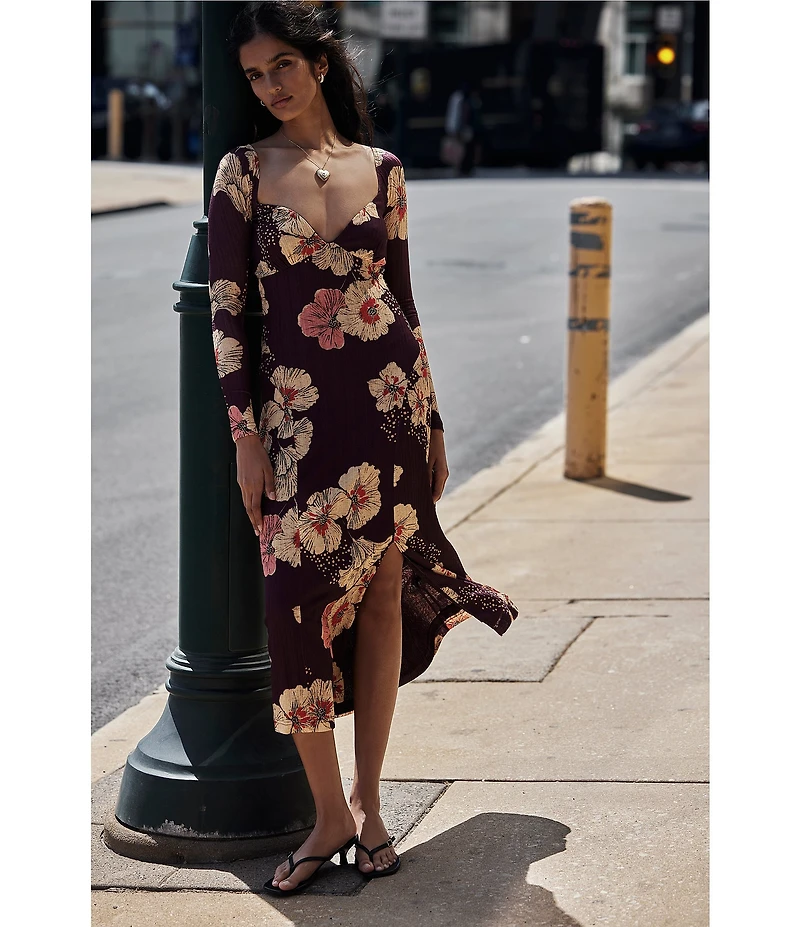 Free People Calla Floral Print Sweetheart Neckline Long Sleeve Midi Dress