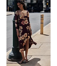 Free People Calla Floral Print Sweetheart Neckline Long Sleeve Midi Dress